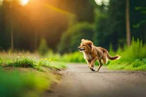un perro corriendo en un suciedad la carretera en el bosque. generado por ai foto