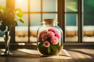 pink flowers in a glass jar on a wooden table. AI-Generated photo