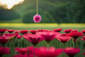 a pink flower hanging from a string in a field. AI-Generated photo