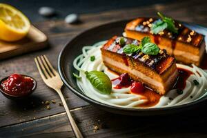a plate of food with noodles and meat. AI-Generated photo