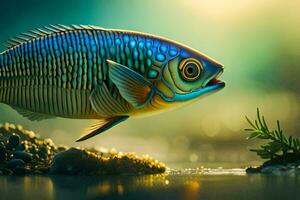 un pescado con azul y verde rayas es mostrado. generado por ai foto