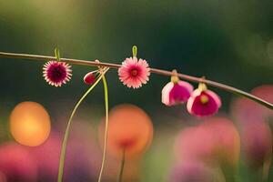 pink flowers are on a branch in a field. AI-Generated photo