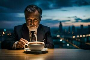 a man in a suit and tie sitting at a table with a cup of coffee. AI-Generated photo