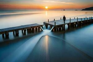 un hombre en pie en un muelle a puesta de sol. generado por ai foto