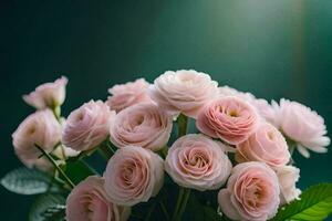 pink roses are in a vase on a green background. AI-Generated photo