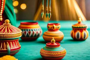 colorful indian pottery on a table. AI-Generated photo