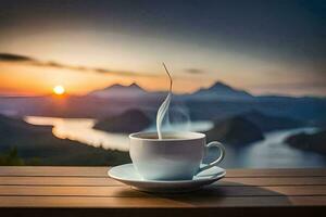 coffee, the sun, mountains, sunrise, the mountains, sunrise, the mountains, sunrise. AI-Generated photo