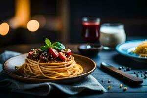 spaghetti with meat and vegetables on a wooden table. AI-Generated photo