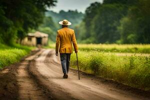 a man in a yellow suit walks down a dirt road. AI-Generated photo