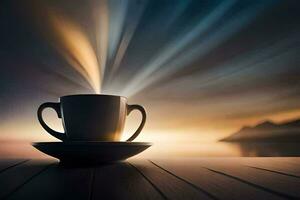 un taza de café en un mesa con un puesta de sol en el antecedentes. generado por ai foto