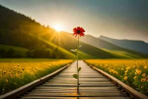 a red flower stands alone on a wooden track in the middle of a field. AI-Generated photo