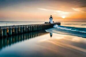 a lighthouse is seen at sunset on the ocean. AI-Generated photo