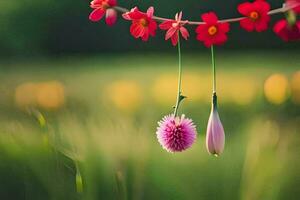 two pink flowers hanging from a vine in a field. AI-Generated photo