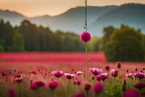 a pink flower stands in a field with mountains in the background. AI-Generated photo