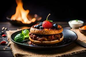 a hamburger with berries and cheese on a plate. AI-Generated photo