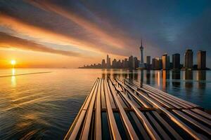 a pier in the water with a city skyline in the background. AI-Generated photo