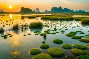the sun sets over a marshy area with green algae. AI-Generated photo