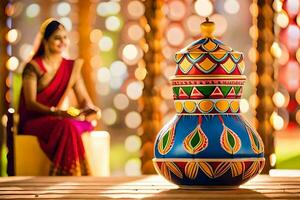 a woman sitting on a wooden bench next to a colorful pot. AI-Generated photo