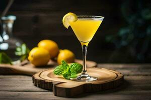 a cocktail with lemon and mint on a wooden table. AI-Generated photo