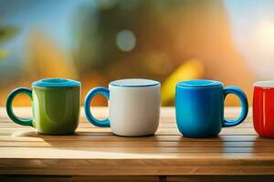 five colorful coffee mugs on a wooden table. AI-Generated photo