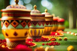 many colorful vases are lined up on the grass. AI-Generated photo