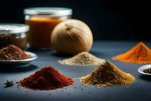 various spices and spices on a black background. AI-Generated photo