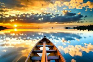 un barco es flotante en el agua a puesta de sol. generado por ai foto