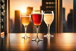 three glasses of wine on a table with cityscape in the background. AI-Generated photo