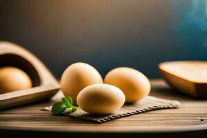 eggs on a wooden table with a wooden spoon. AI-Generated photo