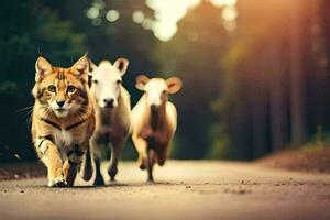 un gato y dos oveja caminando abajo un la carretera. generado por ai foto