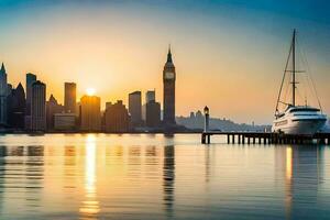 a boat docked in front of a city skyline at sunset. AI-Generated photo