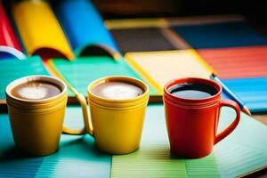 Tres café tazas con un negro taza en cima. generado por ai foto