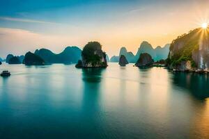the sun rises over the water in halong bay, vietnam. AI-Generated photo