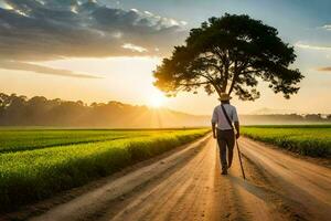 a man walking down a dirt road with a cane. AI-Generated photo