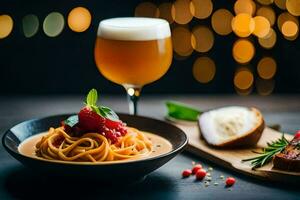 un vaso de cerveza y un plato de pasta. generado por ai foto