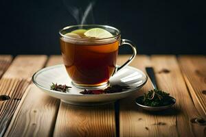 a cup of tea with a slice of lime and a leaf on a wooden table. AI-Generated photo