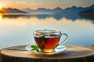 un taza de té en un de madera mesa con un lago en el antecedentes. generado por ai foto