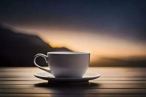 un taza de café en un mesa en frente de un montaña. generado por ai foto