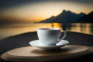 a cup of coffee on a table in front of the ocean. AI-Generated photo