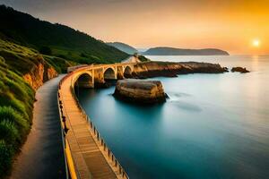 un puente terminado el Oceano a puesta de sol. generado por ai foto