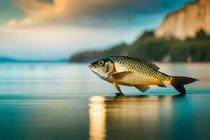 a fish is standing on the water in front of a mountain. AI-Generated photo