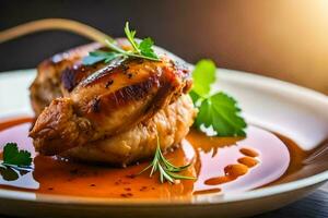 a chicken breast on a plate with sauce. AI-Generated photo