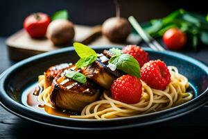 spaghetti with meat and berries on a black plate. AI-Generated photo