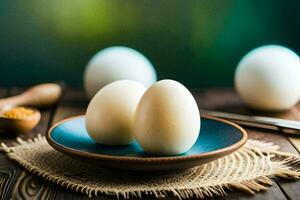 three eggs on a plate with a spoon. AI-Generated photo