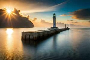 a lighthouse sits on the water at sunset. AI-Generated photo