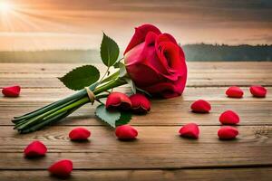 red roses on a wooden table with sun in the background. AI-Generated photo