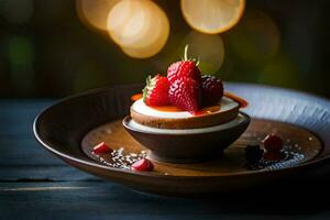 a dessert with strawberries and cream on a wooden table. AI-Generated photo