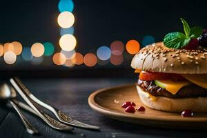 a hamburger with cheese, tomatoes and pomegranate on a wooden plate. AI-Generated photo