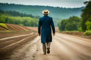 a man in a blue suit and hat walks down a dirt road. AI-Generated photo