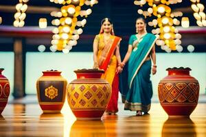 two women in saris standing in front of colorful vases. AI-Generated photo